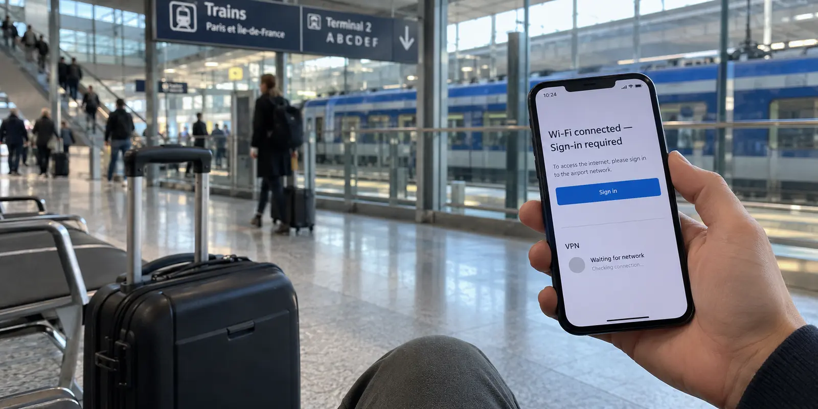 Traveler at a French airport rail concourse waiting for Wi-Fi sign-in before the VPN can connect