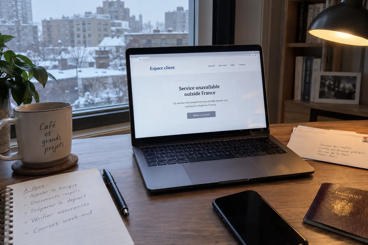 France-only client portal unavailable on a laptop in a snowy Montreal apartment
