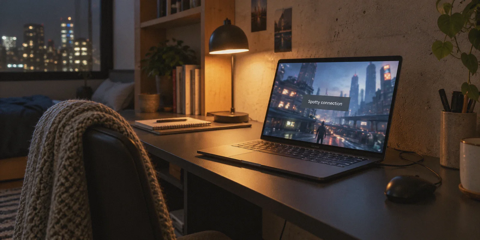 A cloud-gaming session on a thin laptop shows a spotty-connection notice.