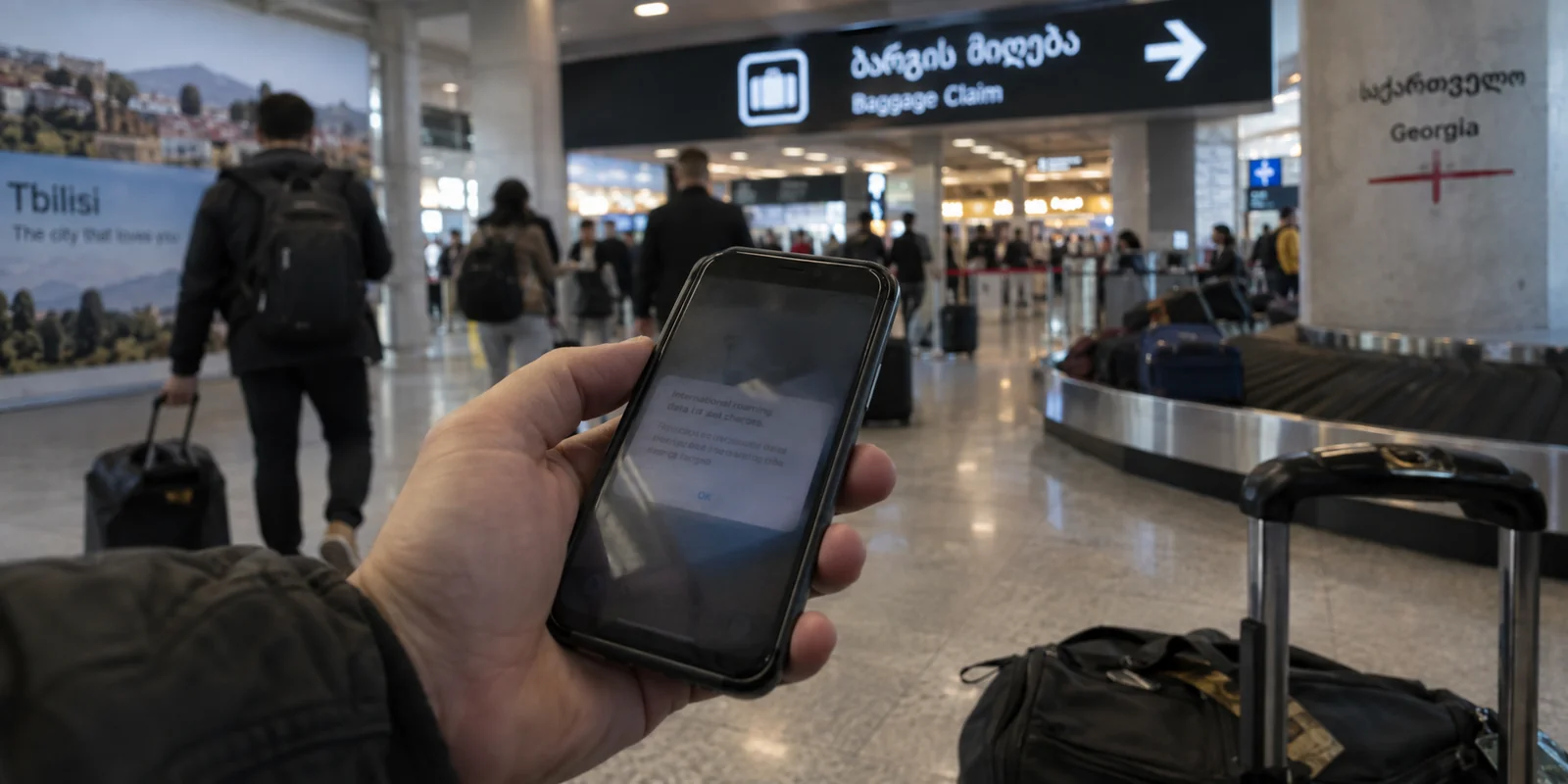 A traveler checks a roaming alert at baggage claim in Tbilisi
