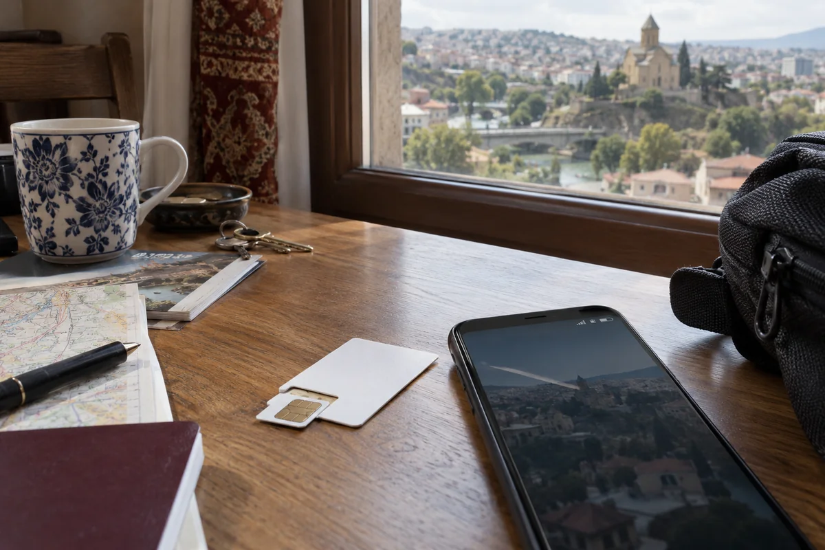 A local SIM card and phone on a guesthouse desk in Tbilisi