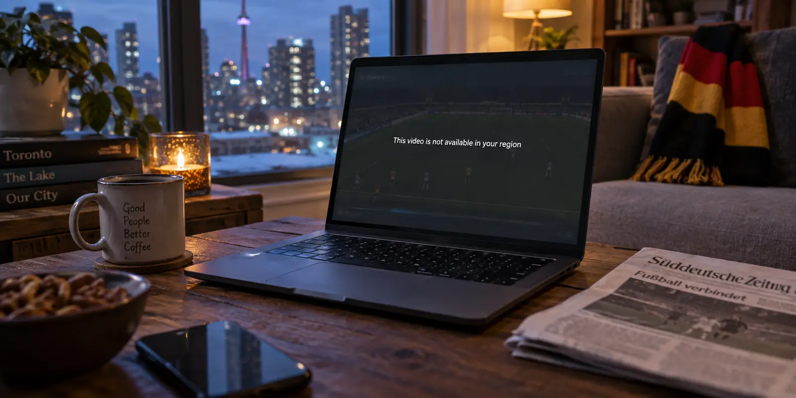 A Germany-only football livestream unavailable on a laptop outside the country