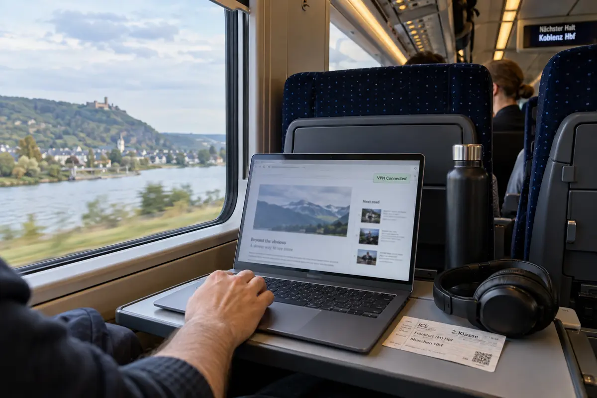 A traveler using a VPN on a laptop aboard a German intercity train