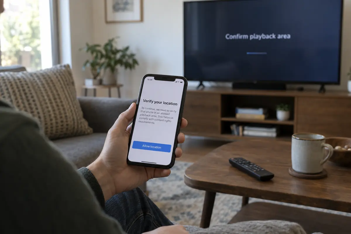 Phone asking to verify location while a television confirms the playback area