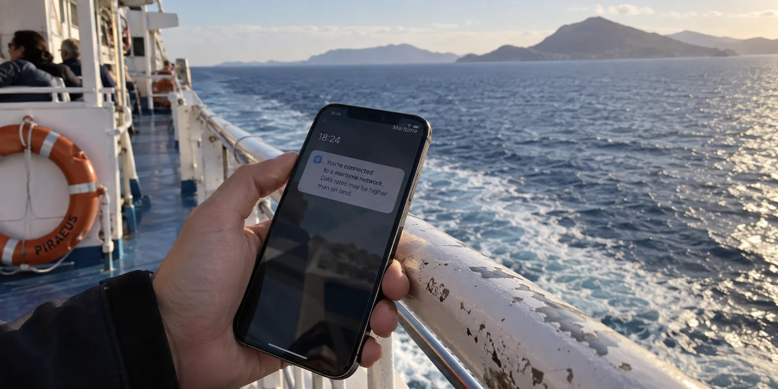 A phone warns about maritime mobile service on an Aegean ferry