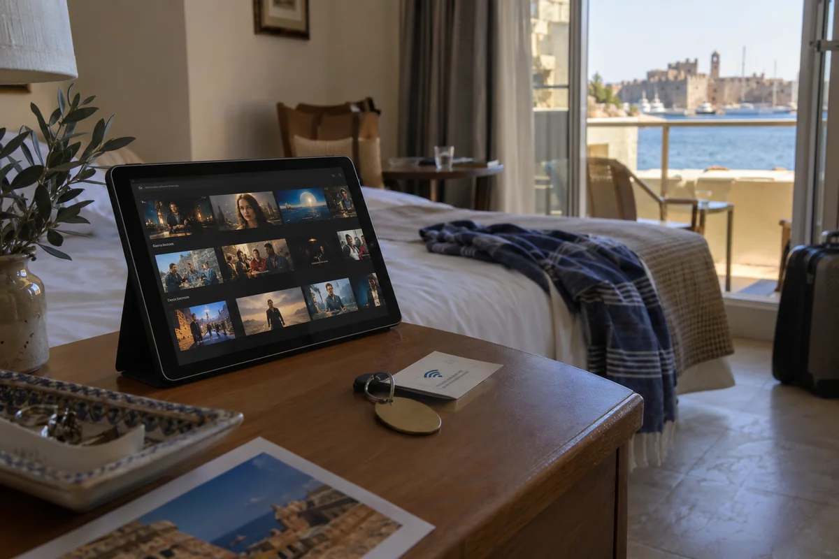 A paid streaming catalog works on a tablet in a Rhodes hotel room