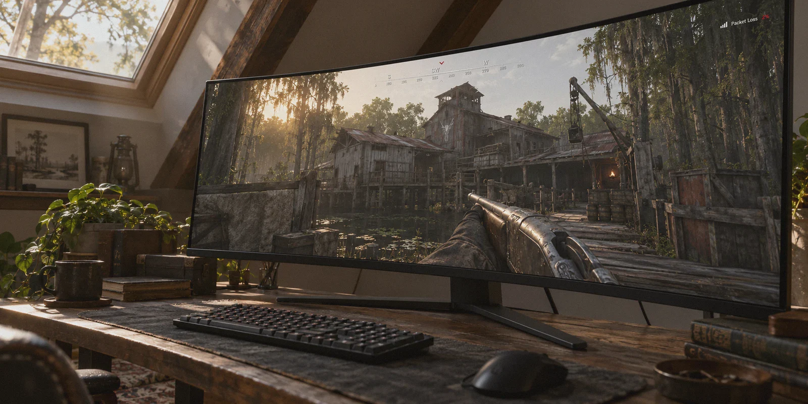 Hunt: Showdown bayou gameplay on a curved display.