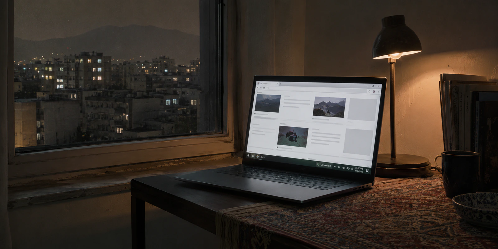 A laptop in a Tehran apartment shows a partially loaded webpage while its network status still reads ‘Connected.’