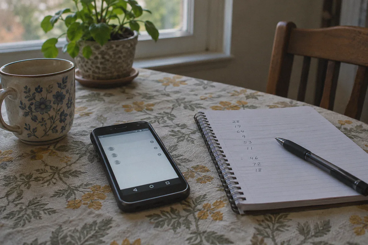 An older Android handset beside a handwritten notebook of short unlabeled numeric notes on a modest patterned tablecloth.