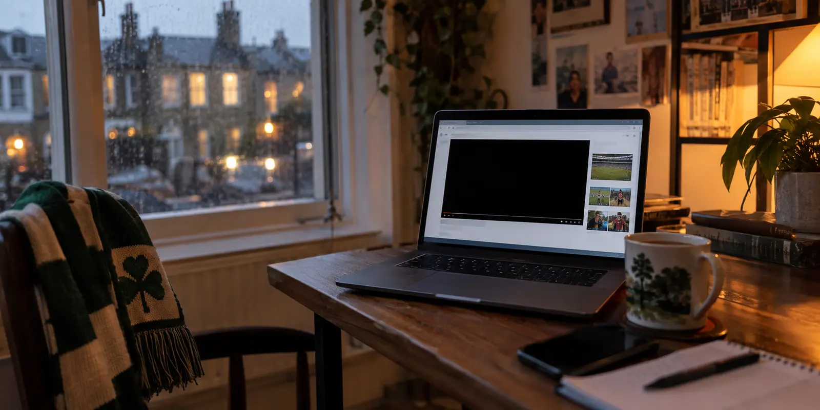 An Irish sports stream shows a black regional restriction screen in a London apartment