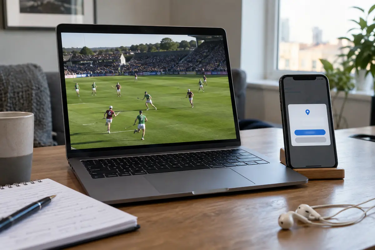 A sports stream plays in a laptop browser while a phone app still requests device location
