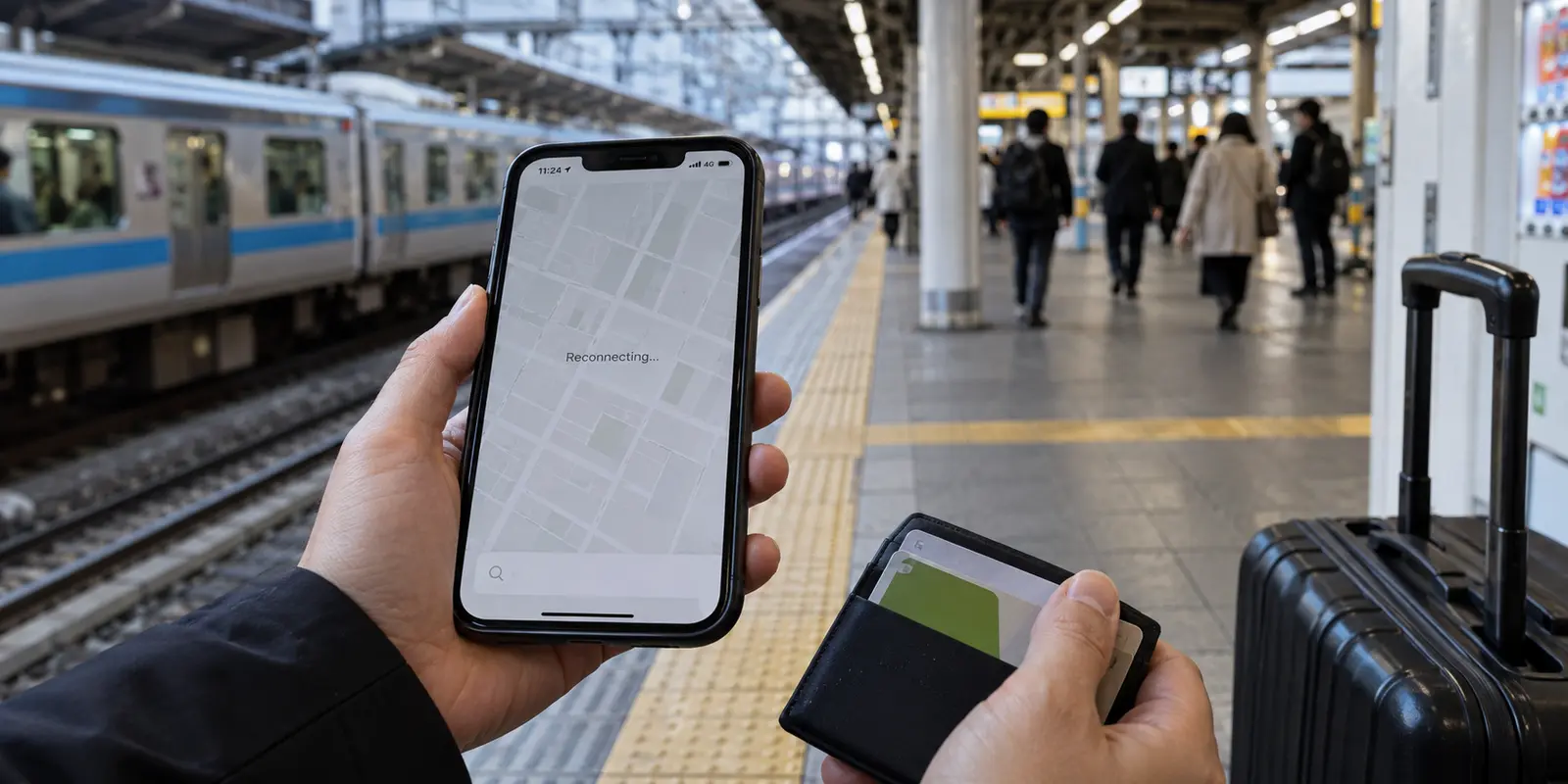 Traveler at a Japanese rail platform waiting for a phone map to reconnect