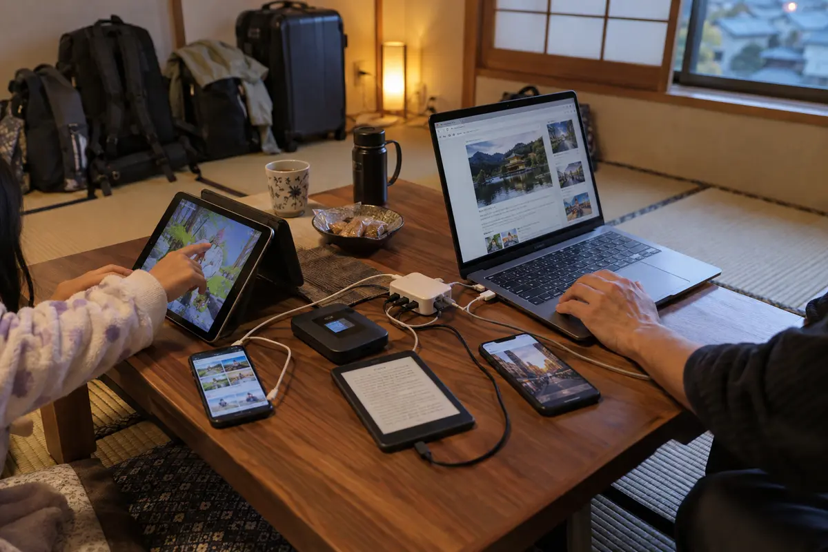 Family travel devices sharing a compact connection setup in a Japanese inn room