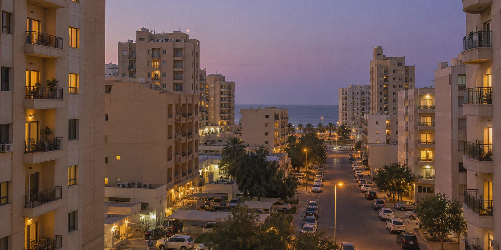 Apartment blocks and the Gulf coast in Salmiya at dusk.
