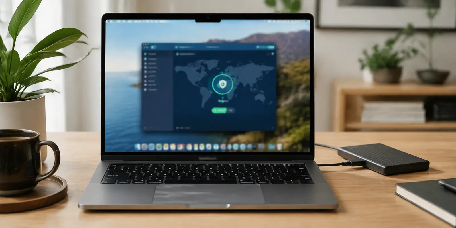A Mac laptop showing a blurred connection state on a home desk