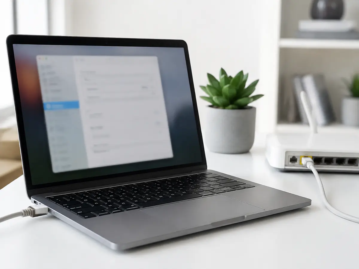 A Mac laptop showing a blurred connection state on a home desk