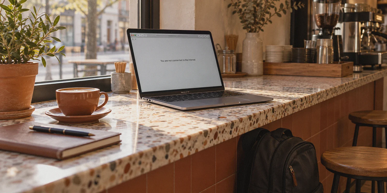 A MacBook displays an offline page on a cafe counter.
