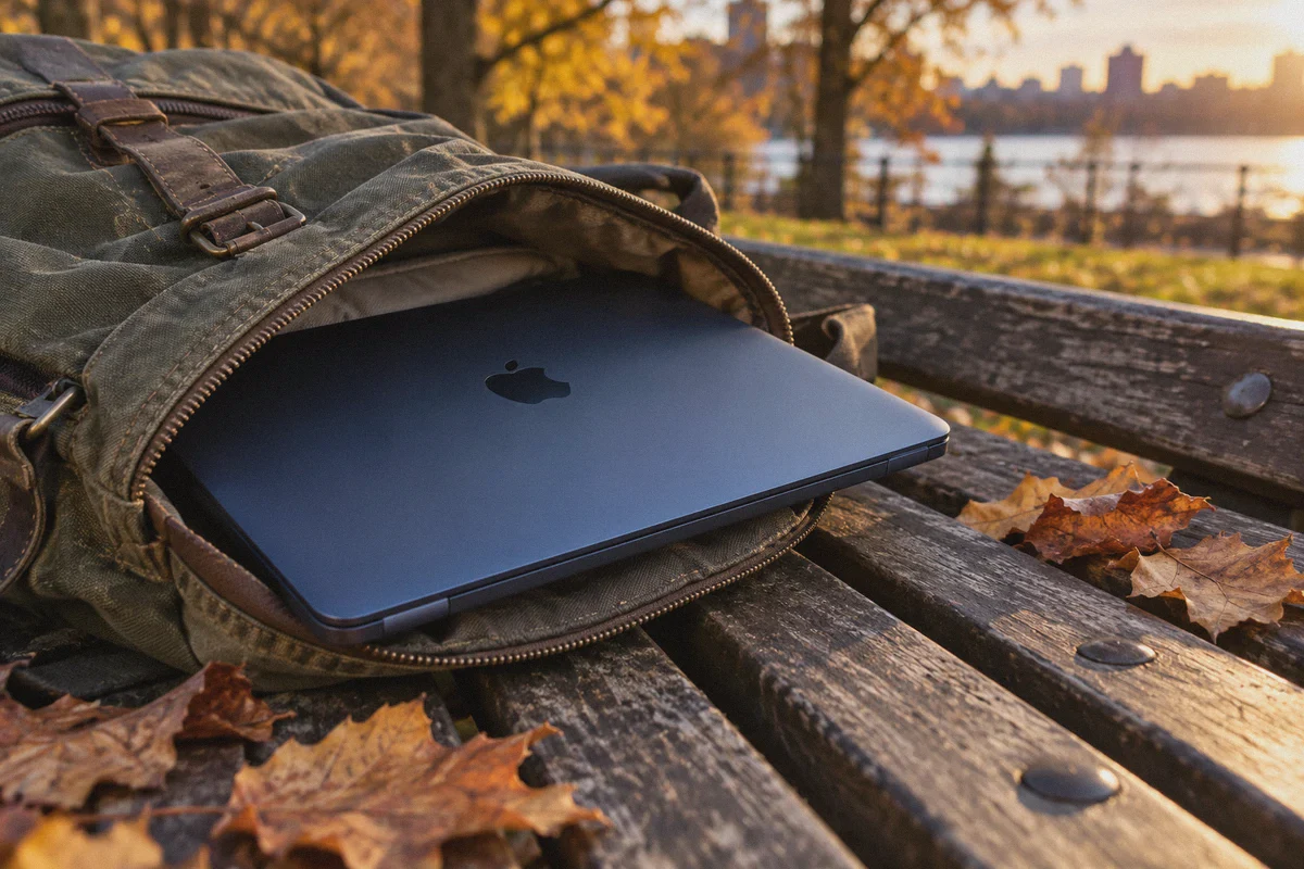 A closed MacBook in a backpack on a park bench.