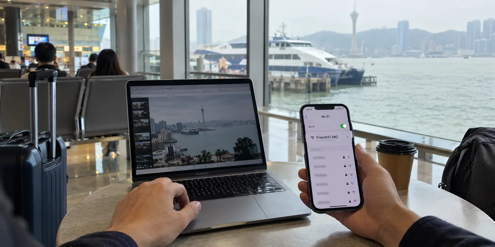 A traveler connects to FreeWiFi.MO at a Macau ferry terminal overlooking the waterfront