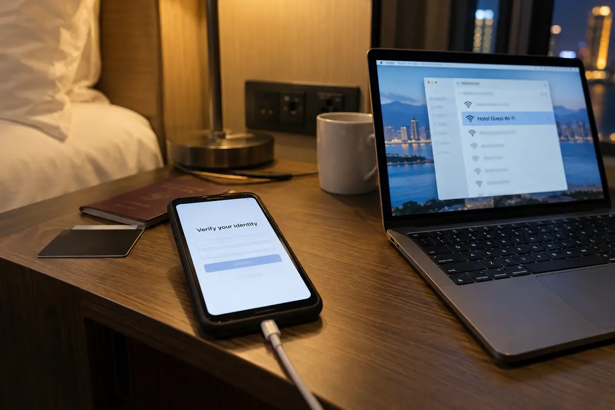 A banking sign-in asks for identity verification while a laptop uses hotel guest Wi-Fi in Macau