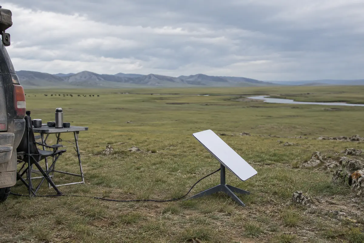 A satellite internet dish beside an overland camp on the Mongolian steppe