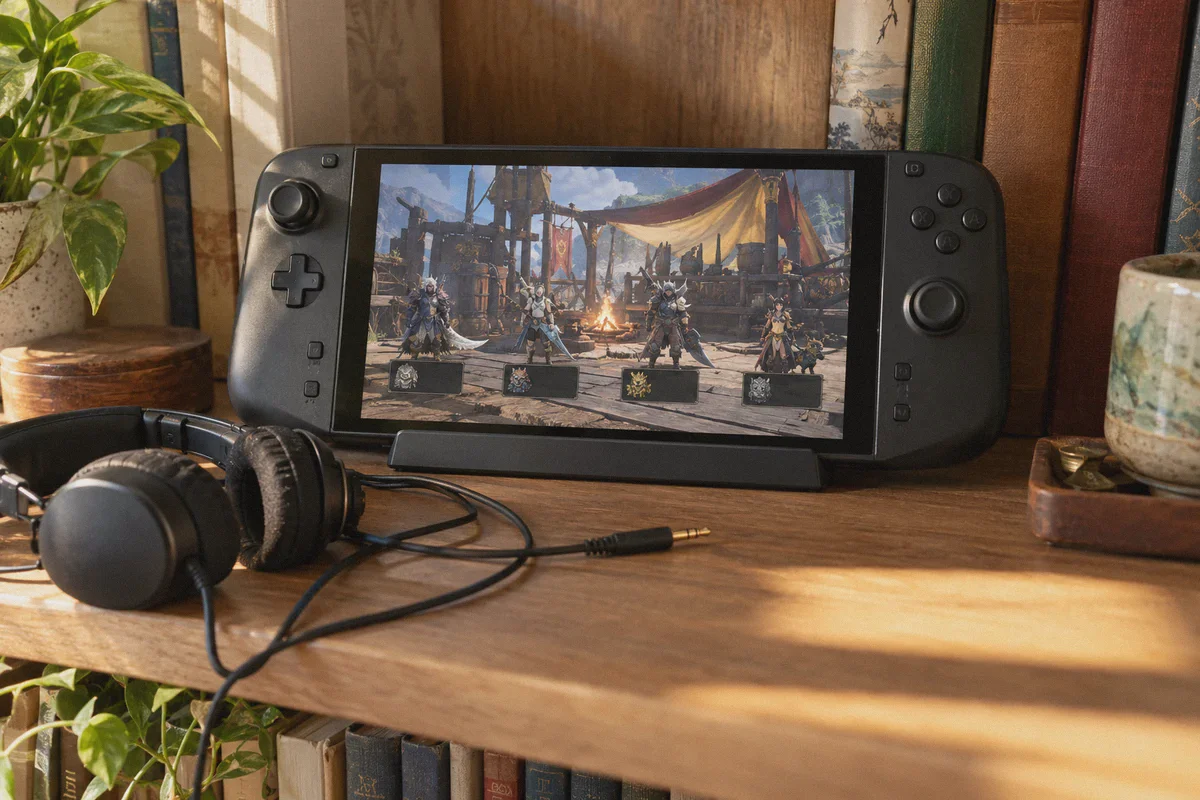 A handheld gaming device showing a four-player hunting lobby.