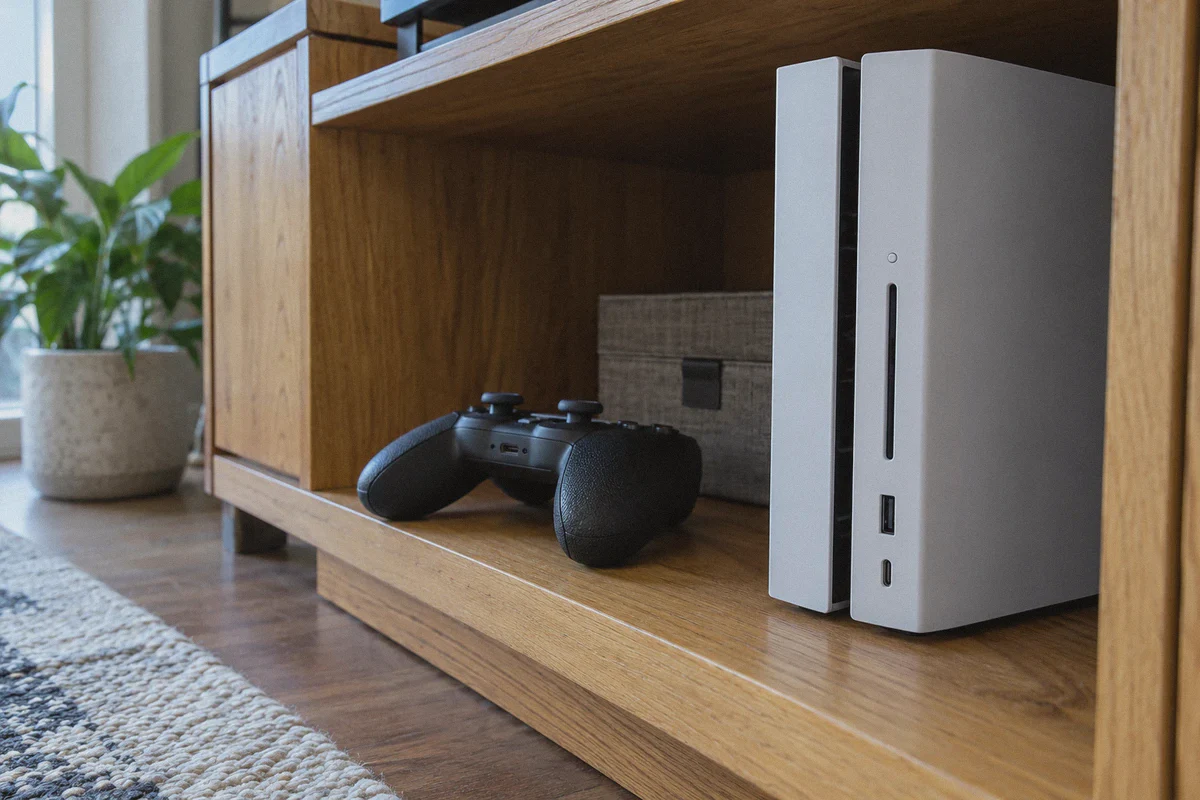 A games console and controller inside a media cabinet.