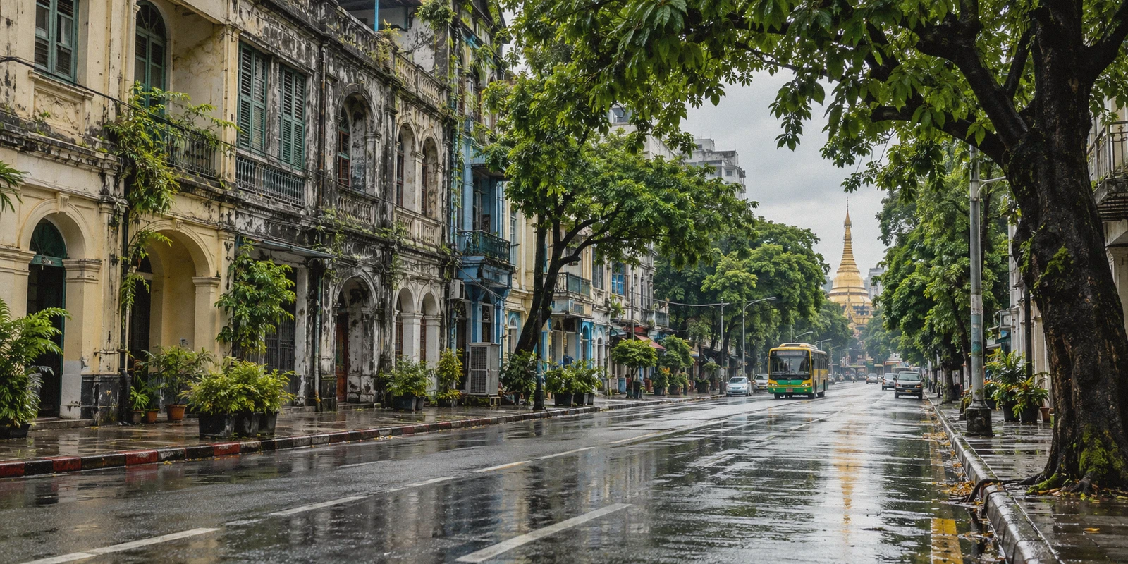 A Yangon street after monsoon rain.