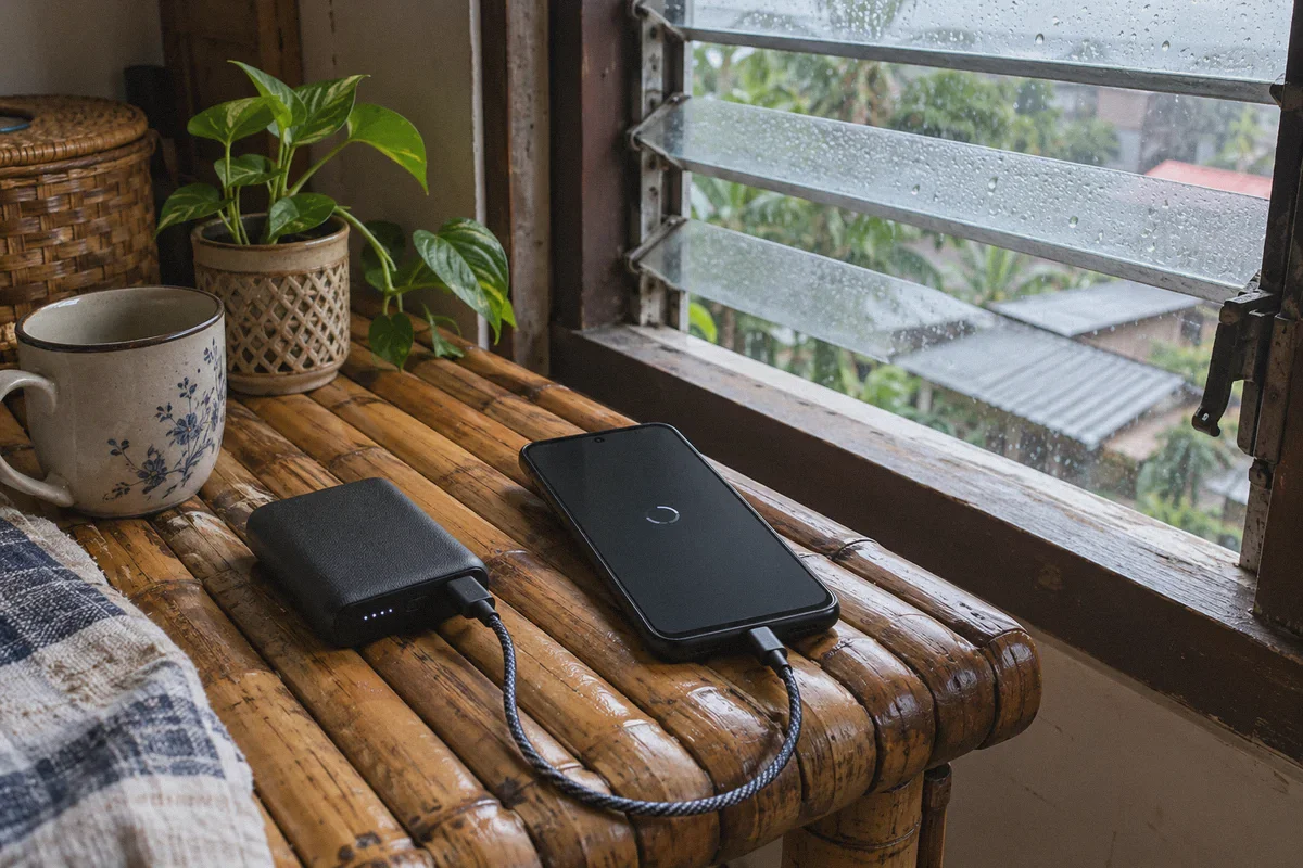 A low-cost phone and compact power bank on a bamboo bench by an open louvered window.