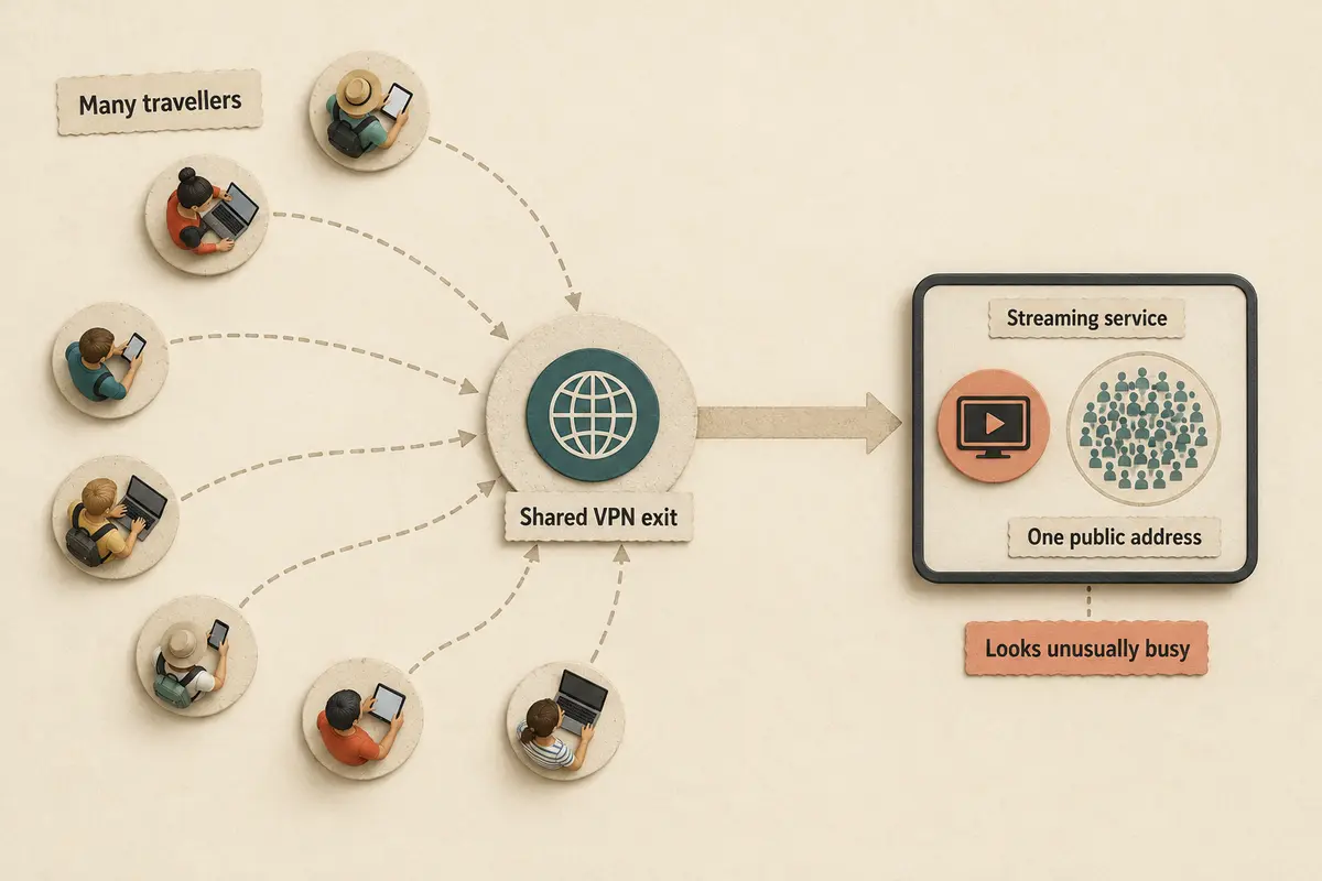 Diagram showing many travellers sharing one VPN exit that appears as one crowded public address to a streaming service