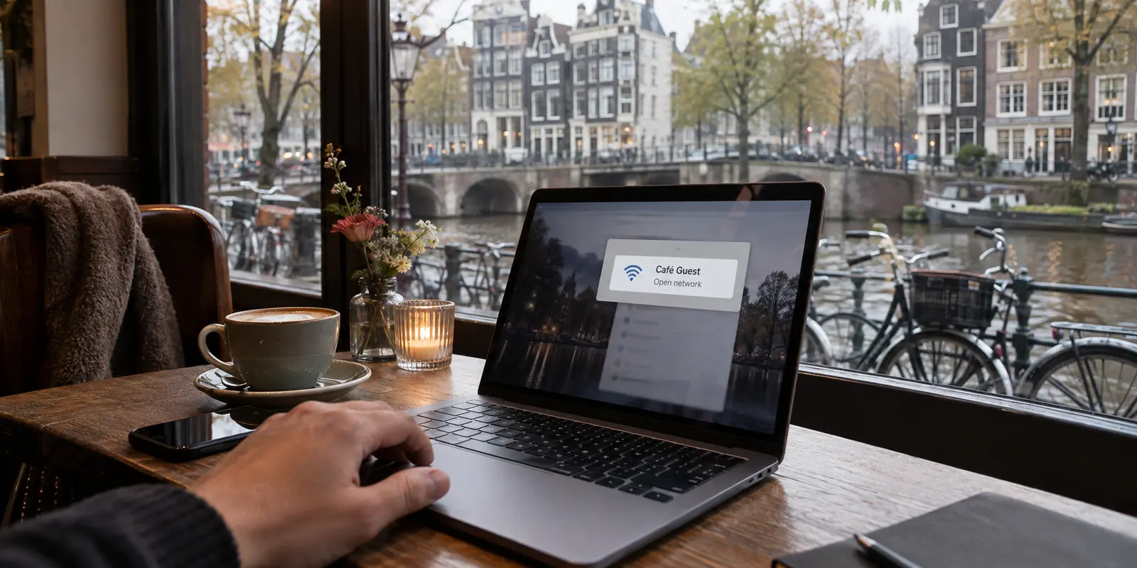 A laptop joins an open café network beside an Amsterdam canal.