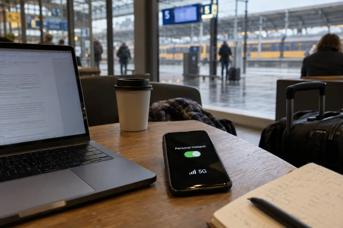 A traveler uses a phone’s 5G hotspot for a laptop at a Dutch railway station.