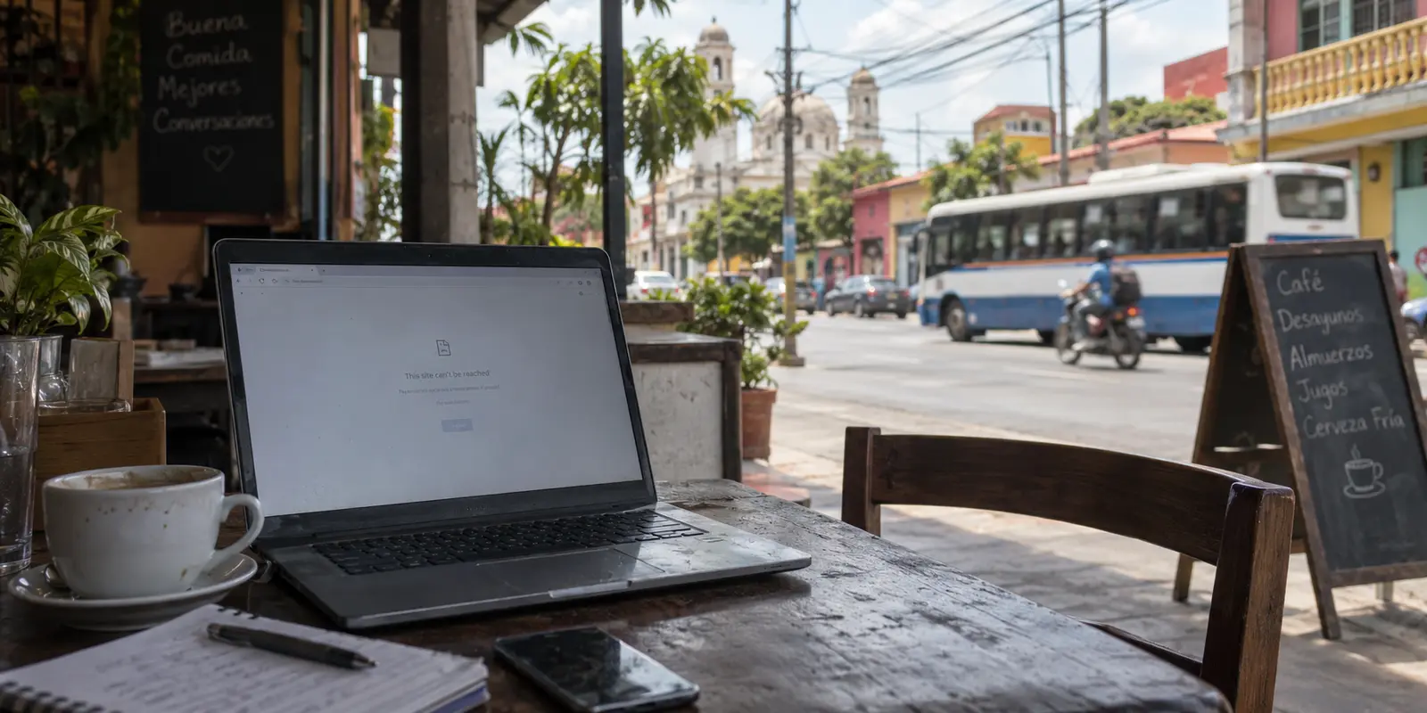 A news website failing to load on a laptop in a street-side café in Nicaragua