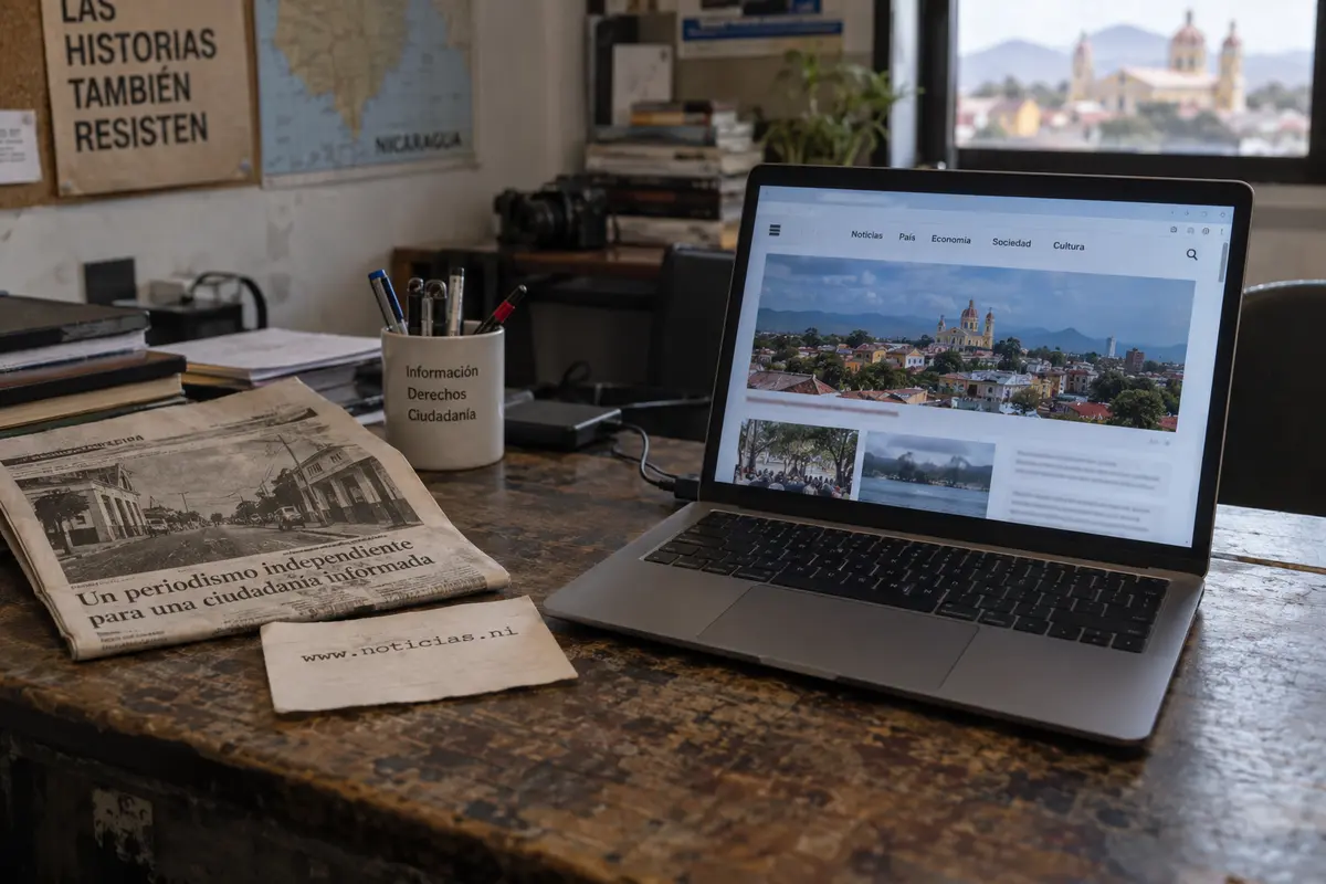 An old Nicaraguan news address beside a laptop displaying a working replacement news site