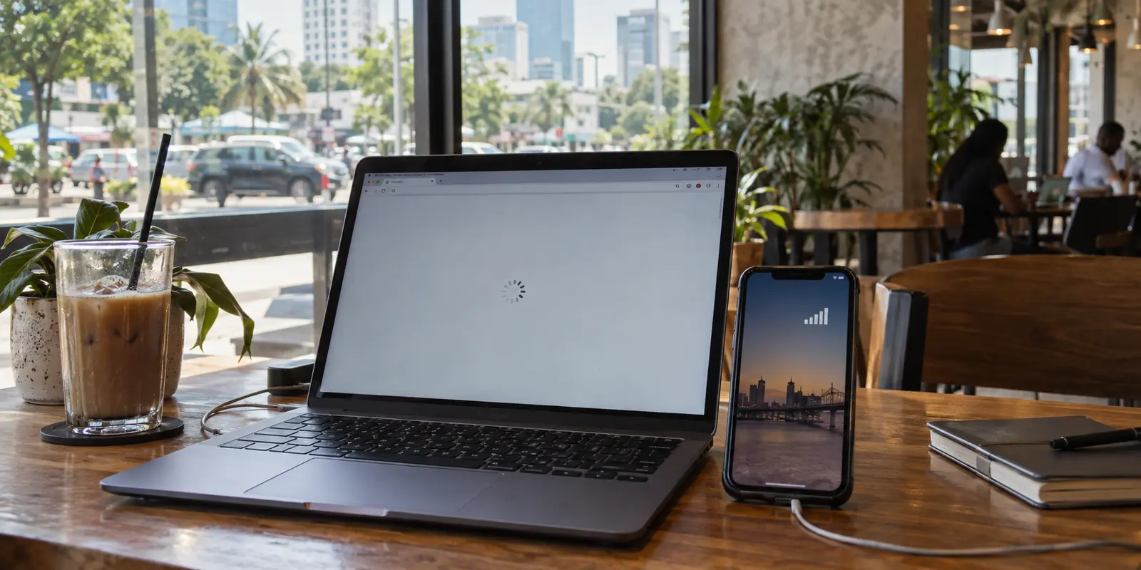 A laptop stalls on a loading page despite strong mobile signal in a Lagos café