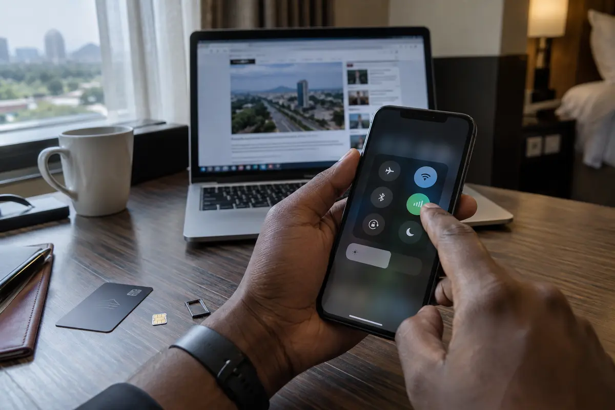 A traveler switches a phone from hotel Wi-Fi to mobile data to test the underlying connection