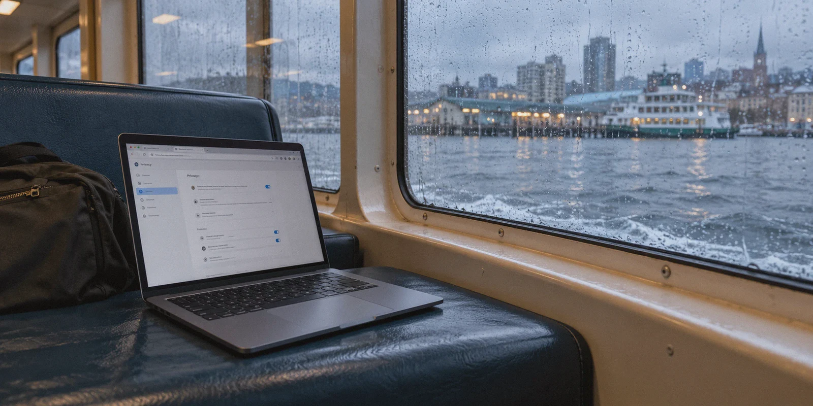 A laptop in a ferry cabin during a rainy commute.