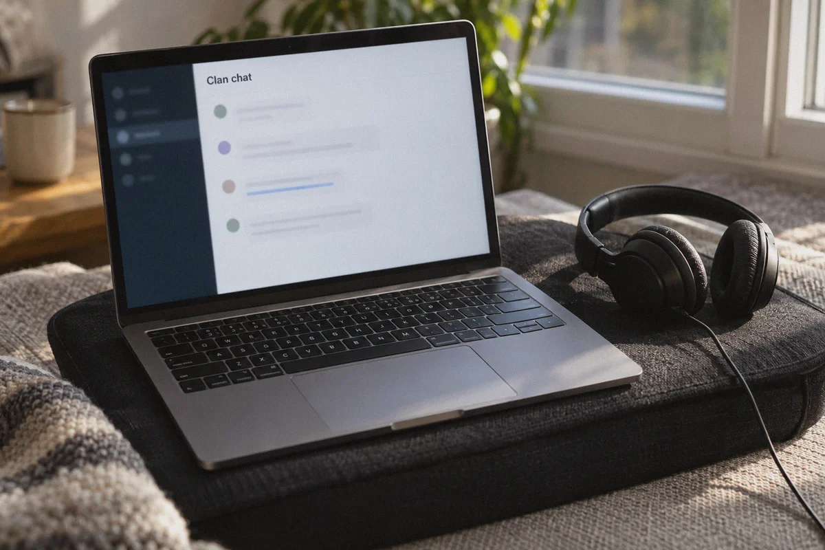 Clan chat with an external hyperlink beside a wired headset.