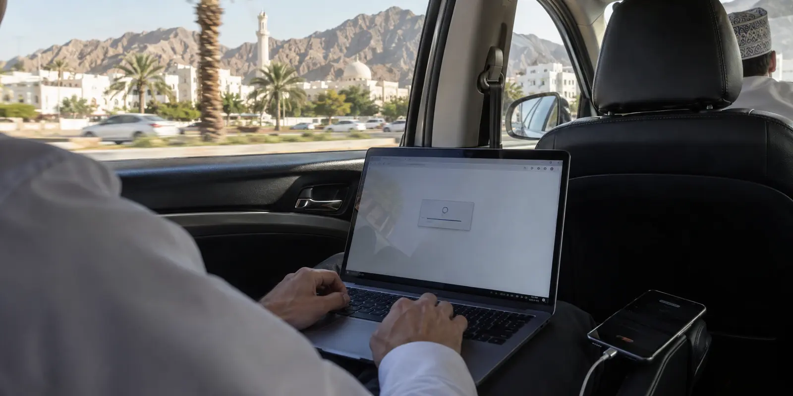 A traveler in a Muscat taxi sees a VPN stall after switching to mobile data