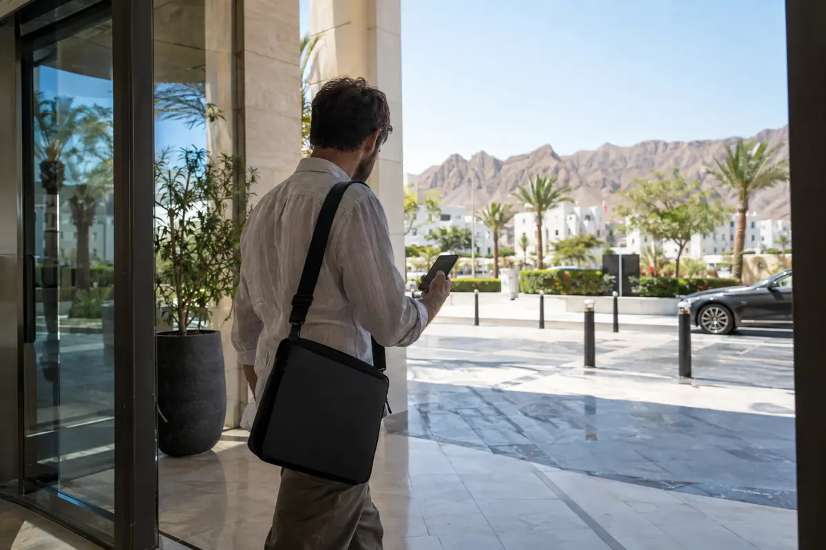 A remote worker checks a phone while leaving a Muscat hotel and changing networks