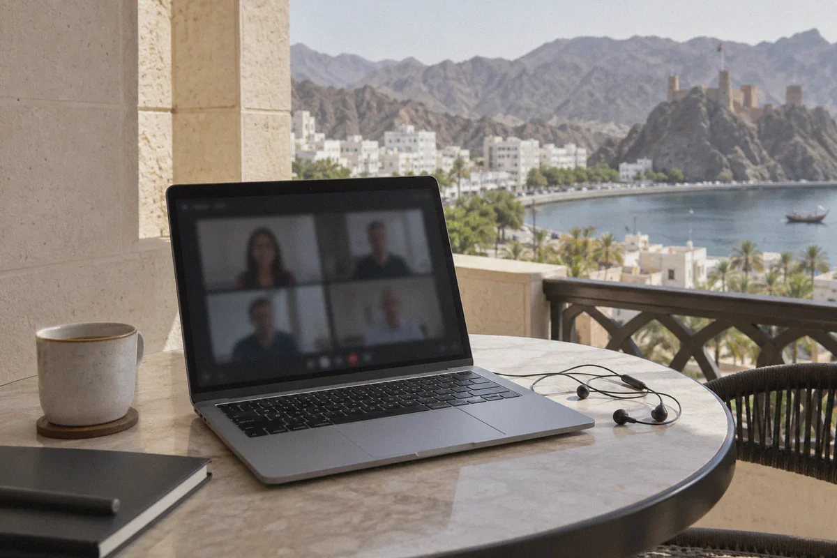 Laptop and earbuds prepared for a call from a Muscat hotel.