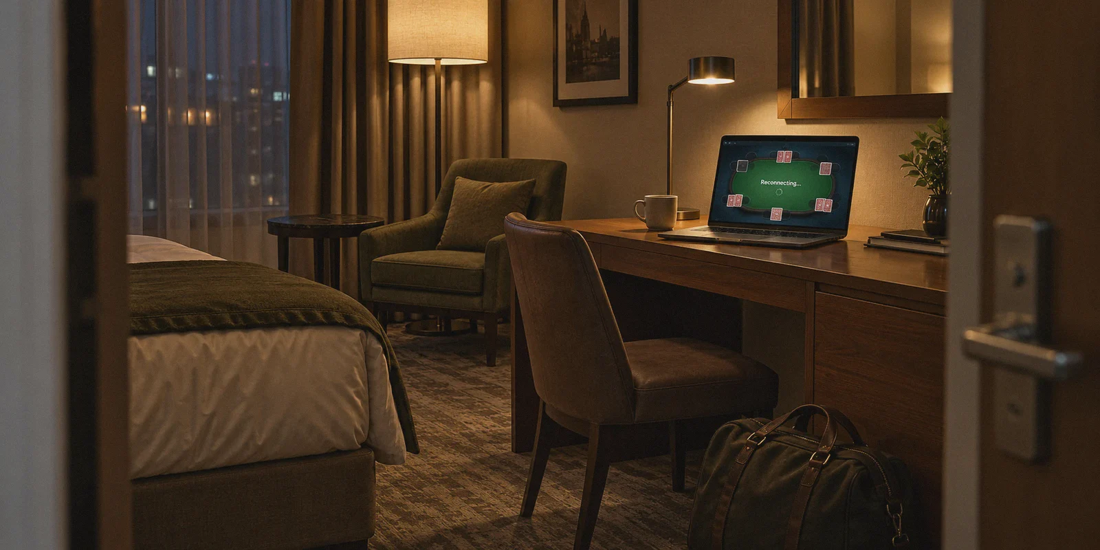 Hotel laptop with a reconnecting poker session.