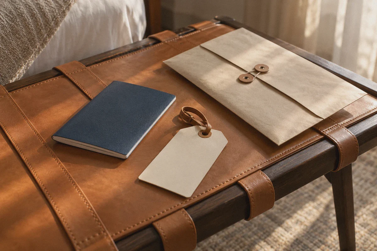 Travel documents on a hotel luggage bench.