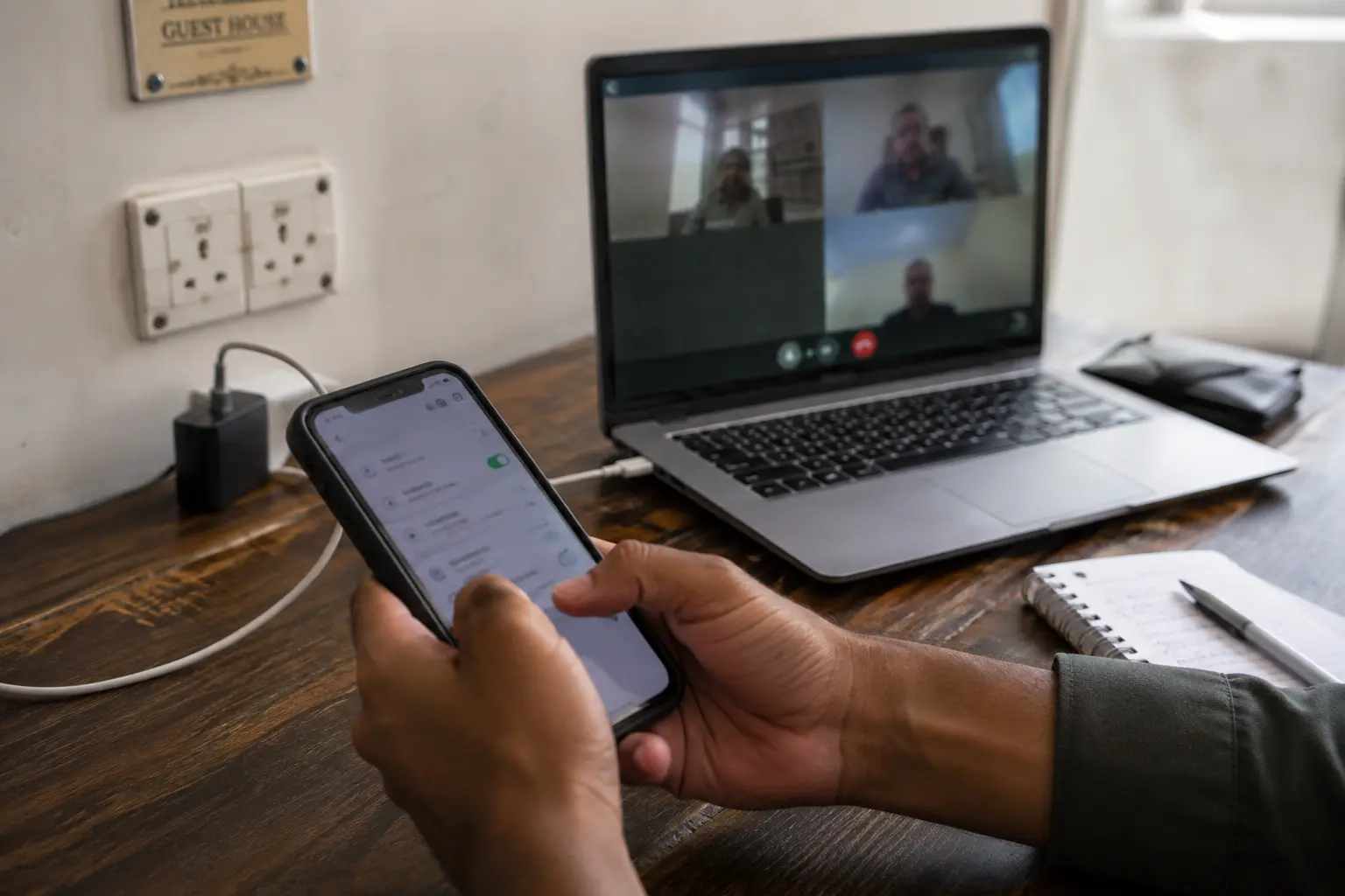 A phone network setting in the foreground while a laptop meeting reconnects on a guesthouse desk