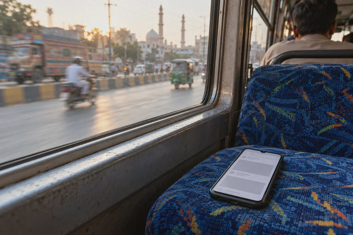 Partially loaded social feed on a phone during a bus journey