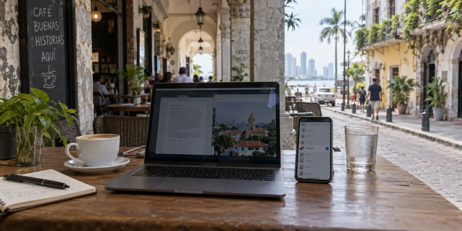 A traveler on public Wi-Fi selects Panama in a VPN app at a Casco Viejo café