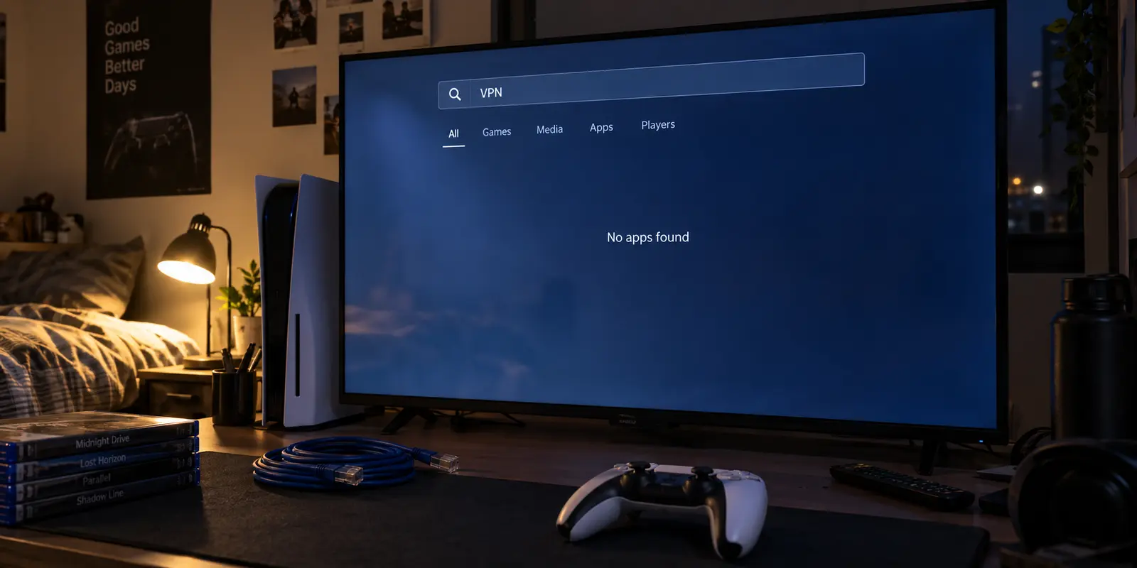 A game console store search showing that no native VPN apps are available