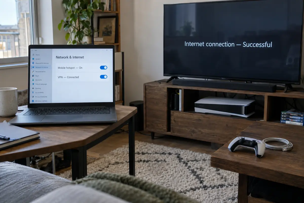 A Windows laptop sharing its VPN connection with a game console that passed its internet test