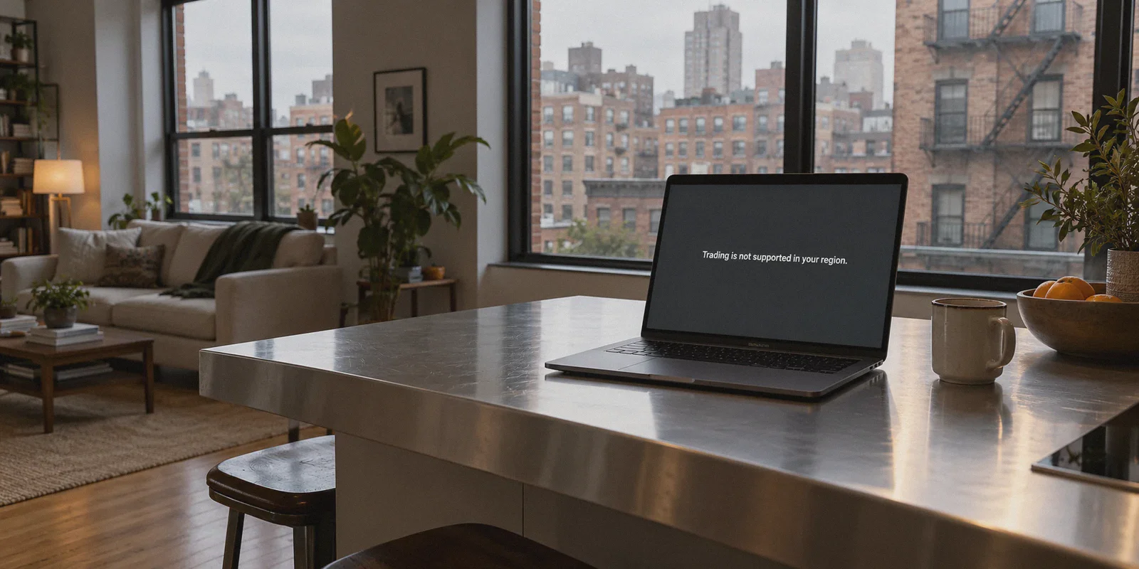 A laptop displaying a trading region restriction.