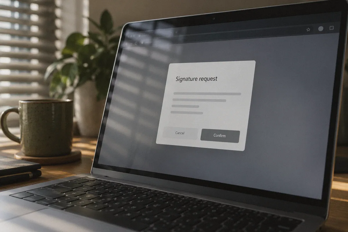 A browser wallet signature request on a laptop screen.
